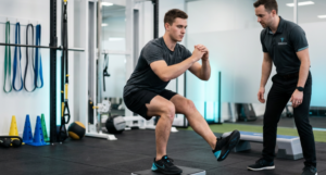 A man performs a single-leg pistol squat on a platform while a trainer observes in a gym. Resistance bands and fitness equipment are visible in the background.