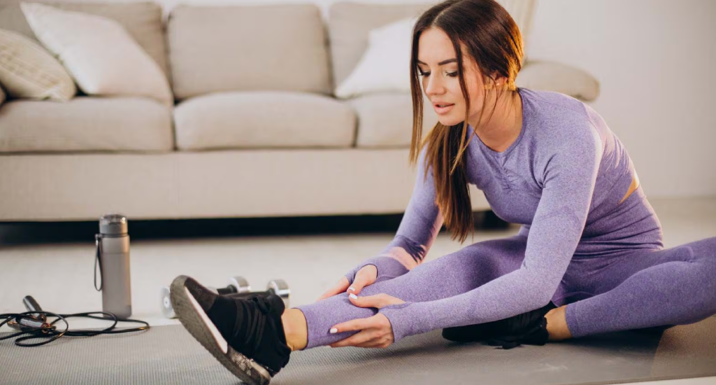A woman in a purple long-sleeve workout set sits on a yoga mat, stretching her leg. In the background, a beige sofa, water bottle, and dumbbells are visible.