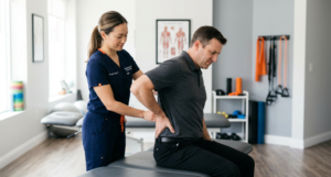 A female physical therapist in blue scrubs examines a seated man's lower back in a clinic. An anatomical poster and exercise equipment are visible in the back.