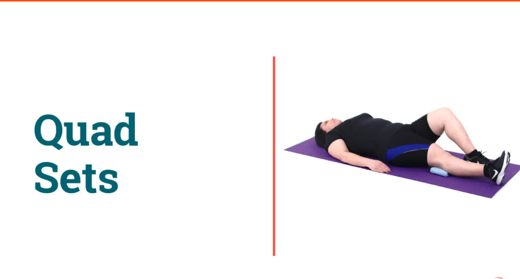 A person lies on a purple yoga mat performing quad sets. One leg is bent while the other is straight with a small foam roller underneath the knee for support.