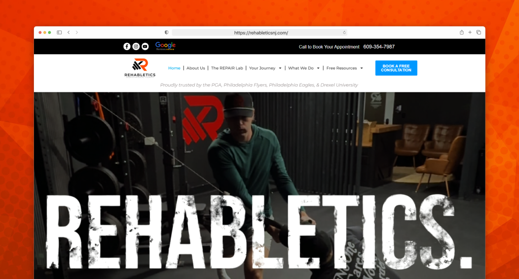 A browser window displays the Rehabletics website, featuring a man training in a gym with the bold text "REHABLETICS." across the bottom of a dark, gritty image.