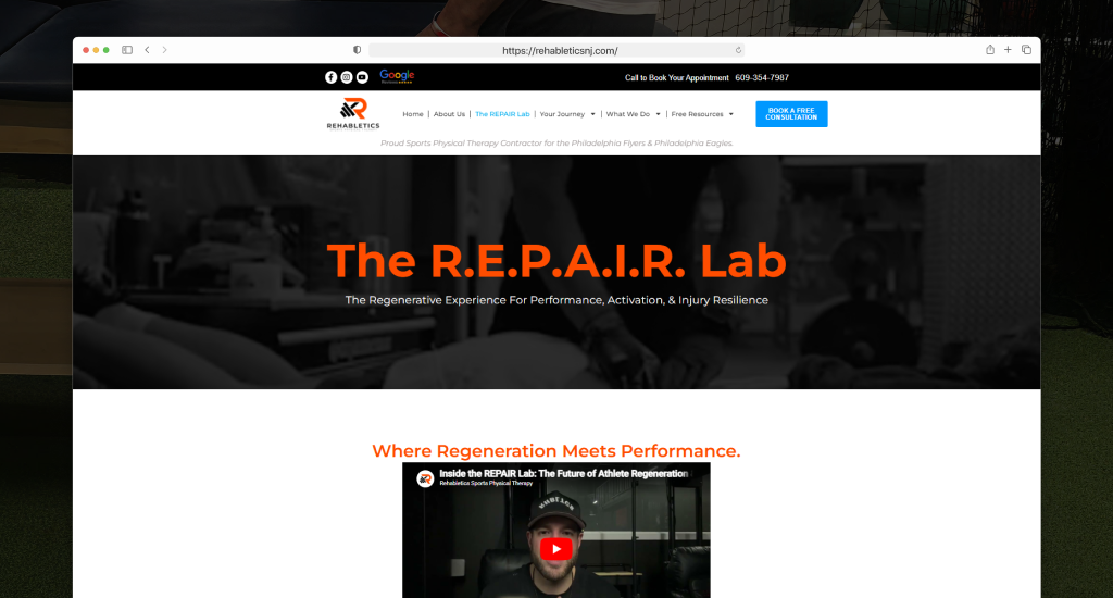 A screenshot of the Rehabletics website featuring "The R.E.P.A.I.R. Lab." The page includes an orange heading, navigation menu, and an embedded video about athlete recovery.