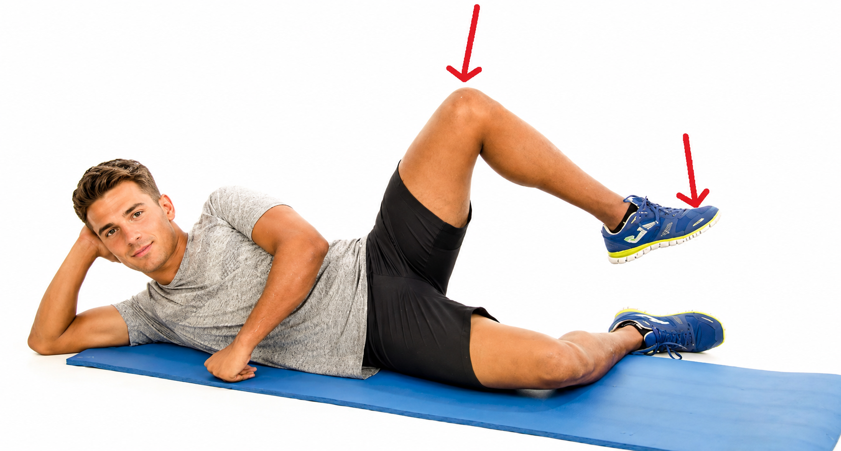 A man lying on his side on a blue mat performs a clamshell exercise, lifting his top knee and foot while keeping his hips stacked to strengthen his glutes.