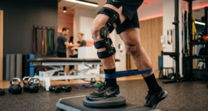 A person in a gym wears a hinged knee brace and performs a step-up exercise on a balance disc while using a resistance band around their ankles for stability.