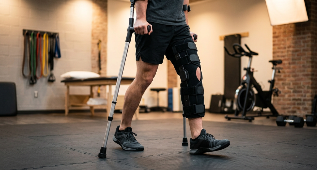 A person in a gym uses forearm crutches and a large black hinged knee brace on their left leg. They wear athletic gear while walking across a black padded floor.