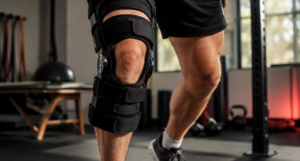 A person in a gym wearing a heavy-duty, hinged black knee brace with adjustable straps. Their muscular legs are visible as they stand in a workout stance.