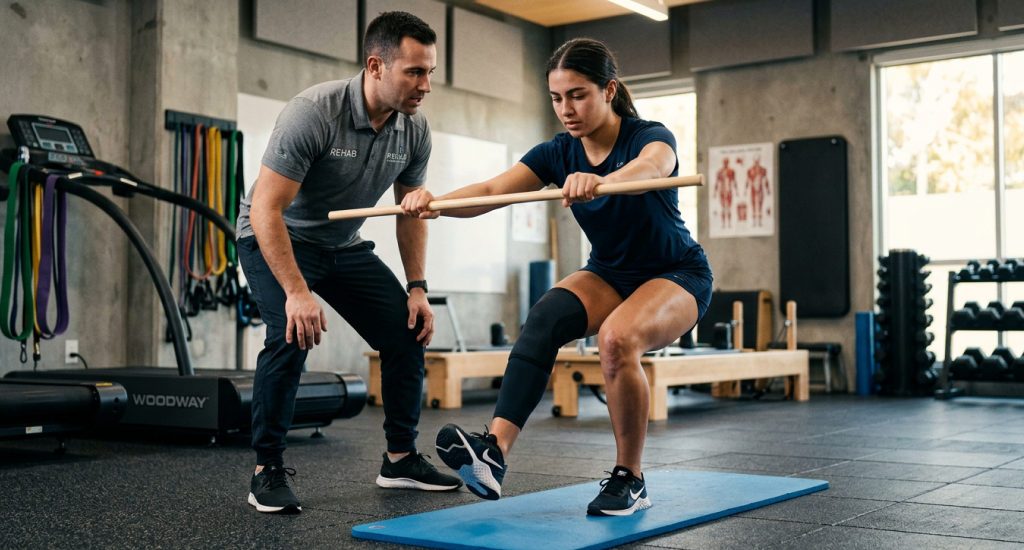 A woman performs a single-leg squat on a blue mat, assisted by a trainer holding a wooden dowel. She wears a knee brace in a modern physical therapy gym.