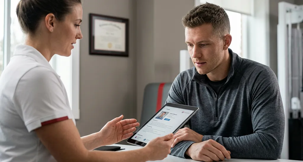 Physical therapist verifying credentials and certifications before treatment