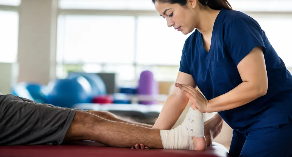 Sports medicine specialist evaluating an athlete’s injury and recovery needs