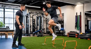 Athlete performing plyometric hurdle jumps on turf while a trainer observes in a high-performance gym.