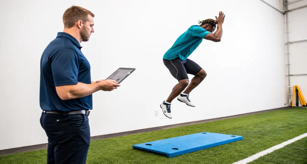 Athlete performing force plate testing while a physical therapist reviews movement data