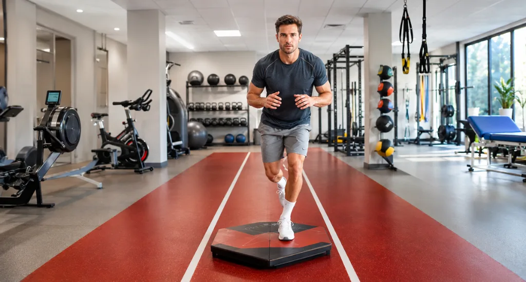A man in athletic wear performing a balance assessment on a hexagonal force plate inside a modern gym.