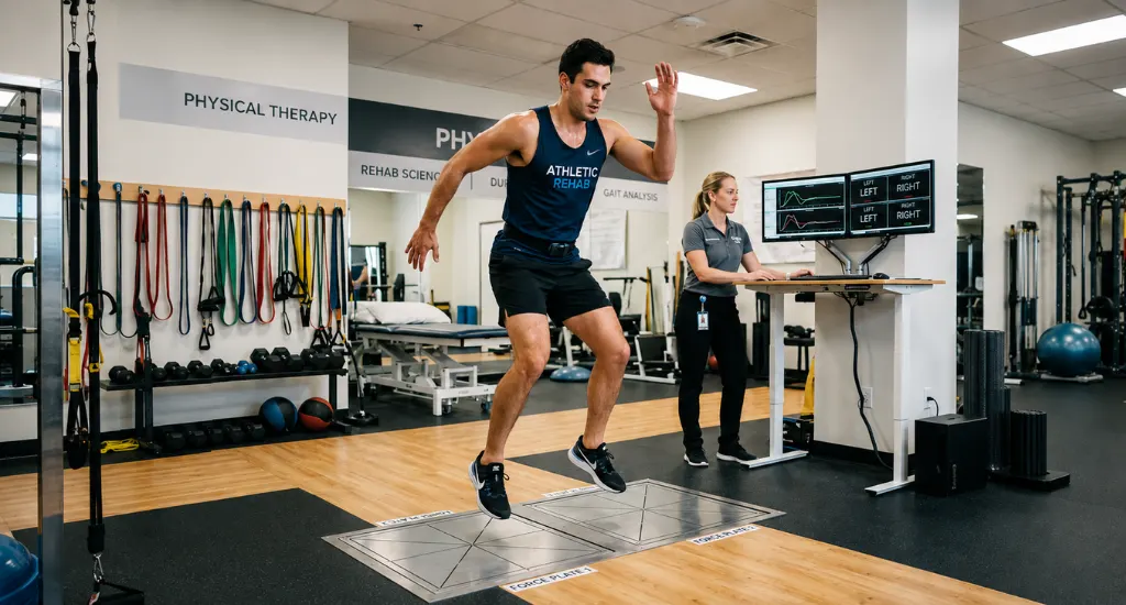 Athlete performing a force plate jump test while a physical therapist monitors return-to-sport data