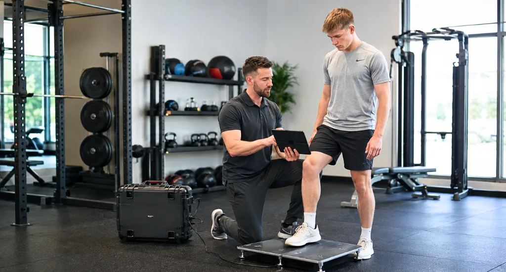A personal trainer or physical therapist kneeling next to a male athlete standing on a VALD ForceDecks force plate system inside a modern gym.