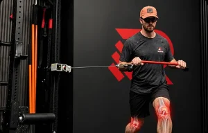 Athlete practicing a controlled landing and knee stability drill during ACL injury rehabilitation