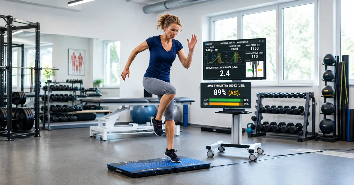 Force plate hop test measuring limb symmetry before return to sport after ACL surgery