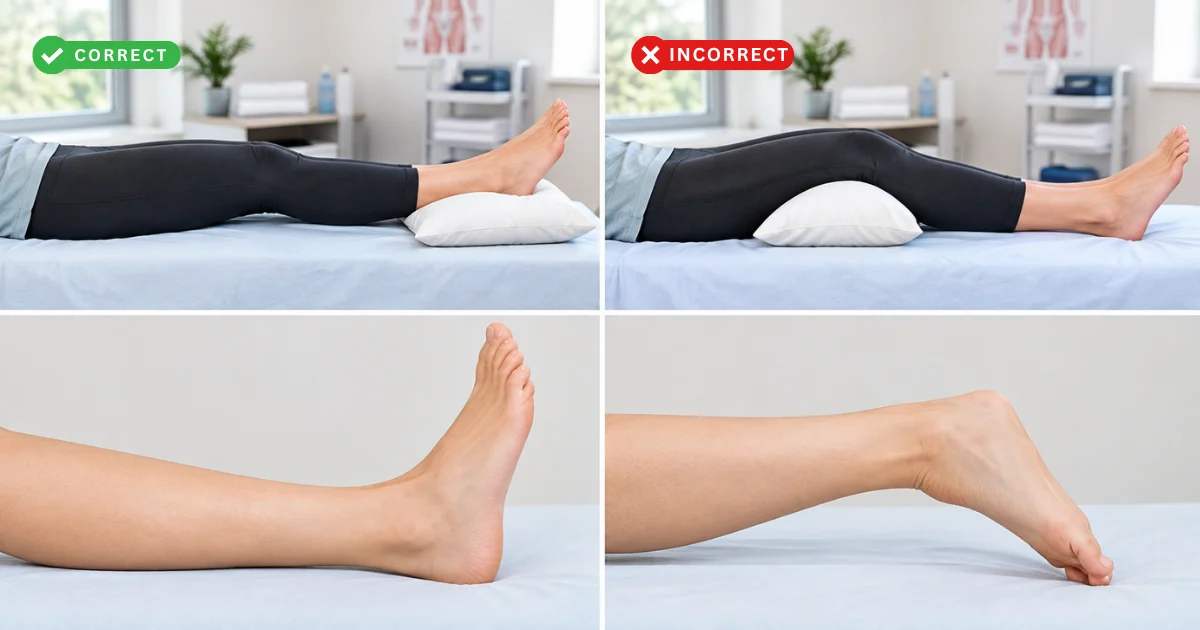 Correct leg elevation with the heel propped to protect knee extension after ACL surgery