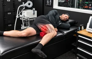 Athlete performing a staged hamstring lengthening exercise while a physical therapist monitors the movement