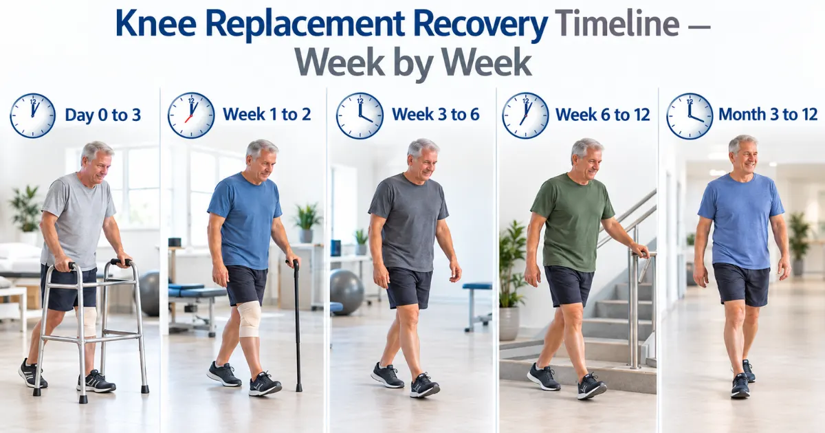Knee replacement recovery timeline showing milestones from day one to twelve months