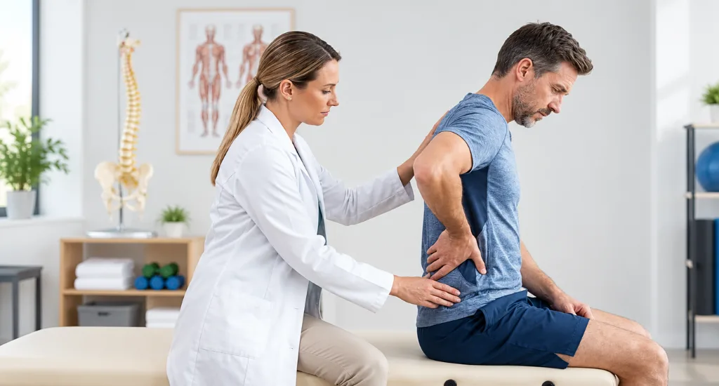 Doctor of Physical Therapy guiding a patient through a lower back movement assessment