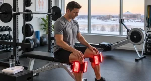Man using Kineon Move Pro red light therapy devices on knees in a home gym.
