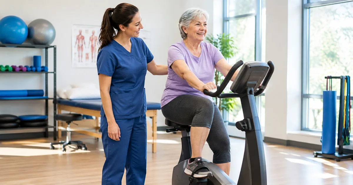 Patient using a stationary bike during knee replacement recovery