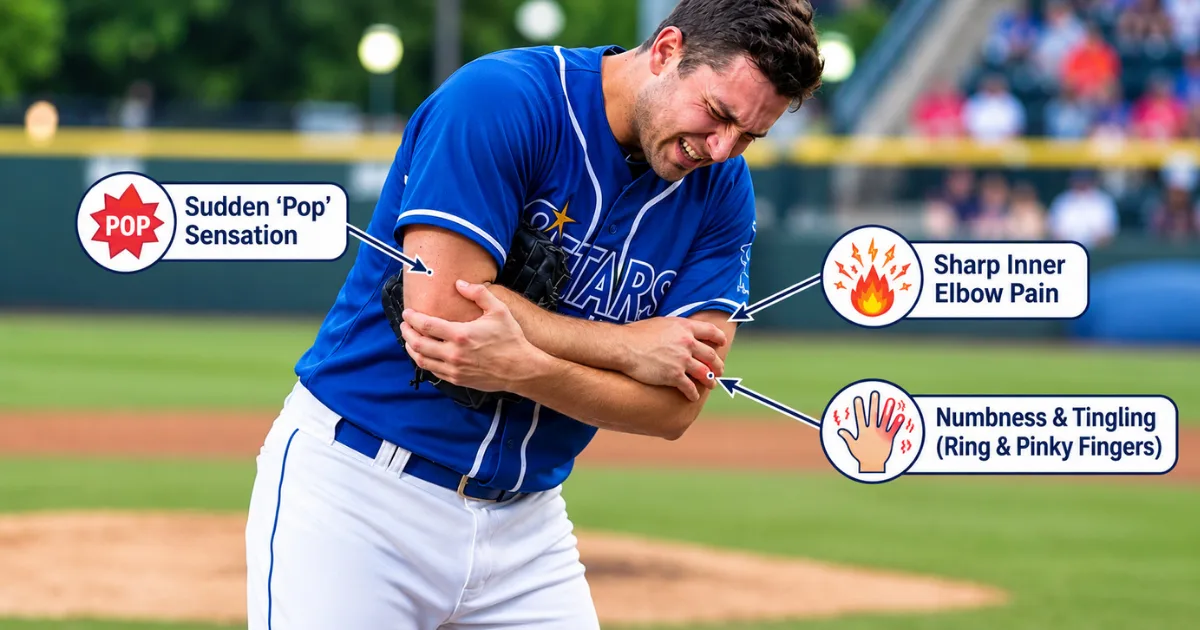 Athlete holding the inner elbow with labeled UCL tear symptoms