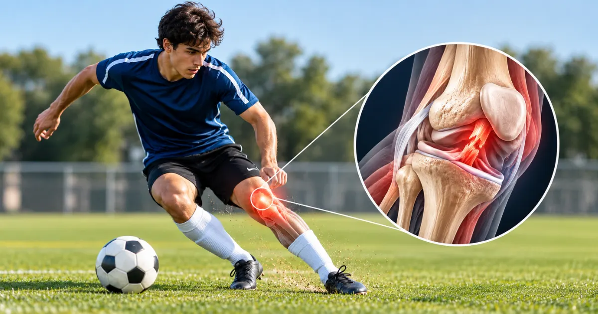 Illustration of a knee collapsing inward during a cut, the most common way ACL tears happen