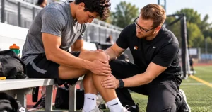Physical therapist assessing an athlete's knee on the sideline after a meniscus injury