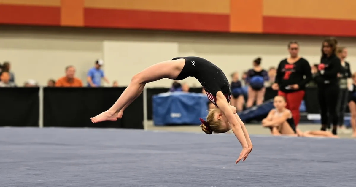 Cheer tumbler performing a back handspring on a spring floor