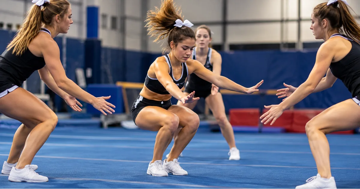 Cheer flyer landing a dismount with bent knees and hips
