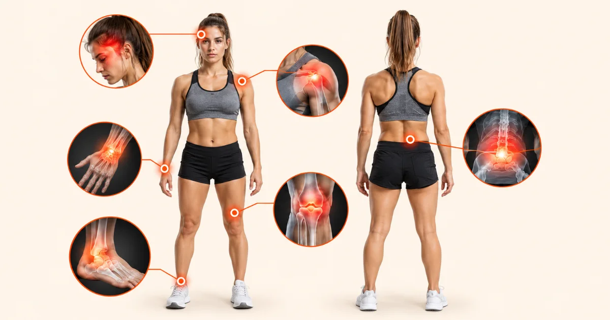 Body map showing the most common cheerleading injury areas