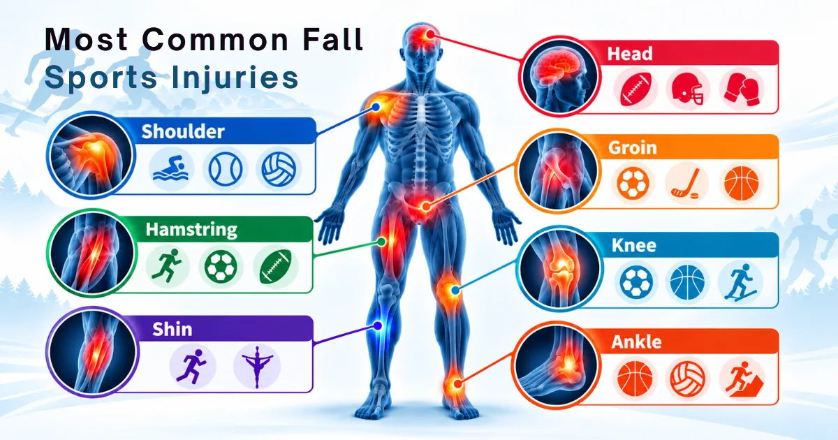 Body map infographic of the 7 most common fall sports injuries and the sports that cause them