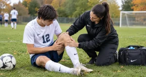 Athlete holding his knee on a fall sports field while a physical therapist checks the injury