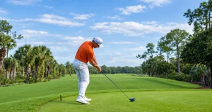 A golfer addressing a ball with a driver on a lush course