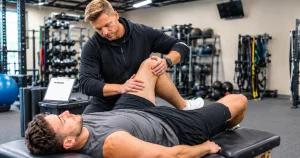 A physical therapist is evaluating an athlete's knee injury in a gym clinic