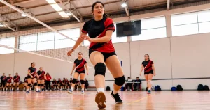Female volleyball player moving forward on an indoor court