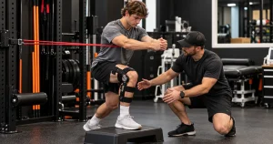Athlete in a knee brace working with a physical therapist after meniscus surgery