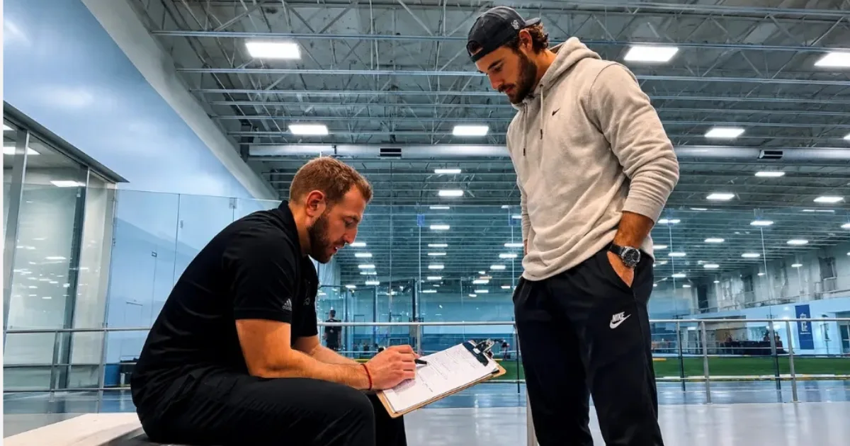 Dr. Jaime Mor evaluating professional NHL player Mathew Barzal with a clipboard at Rehabletics in Cherry Hill, NJ.