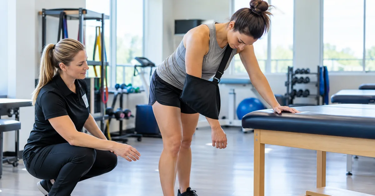 Patient in a sling doing a pendulum exercise after rotator cuff repair
