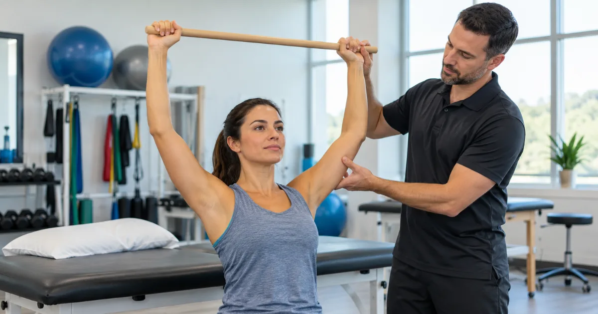 Physical therapist assisting patient with shoulder mobility exercise using dowel rod.