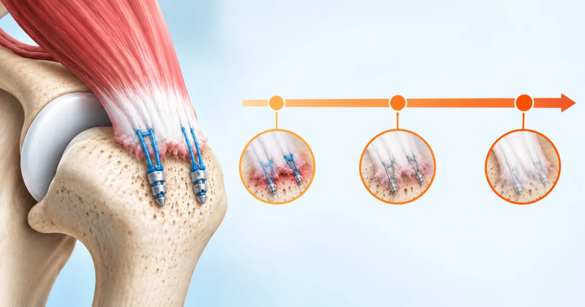 Diagram of a repaired rotator cuff tendon healing back onto the bone