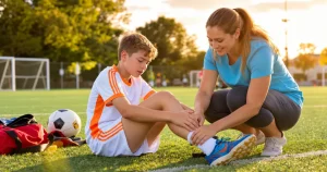 Young soccer player holding a painful heel after practice