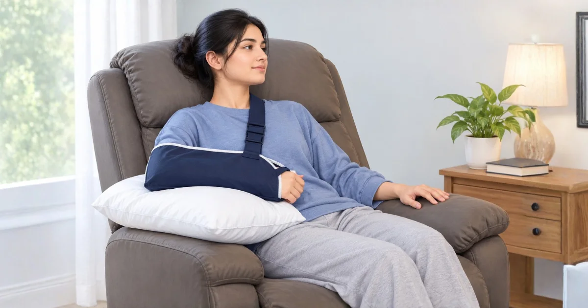 Recommended resting position in a recliner with a pillow supporting a slung arm after shoulder surgery.