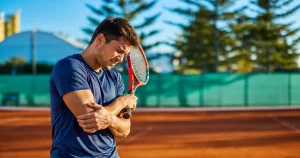 Tennis player holding a sore elbow with tension in the shoulder