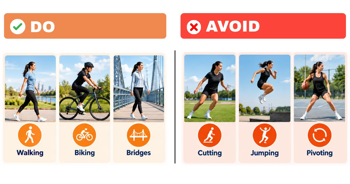Graphic comparing safe exercises and activities to avoid with a torn ACL