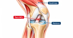 Diagram of a knee with a torn ACL, the meniscus, and the quadriceps muscle
